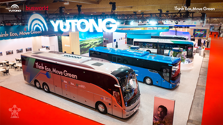 Overhead view of the Yutong stand with multiple buses on display.