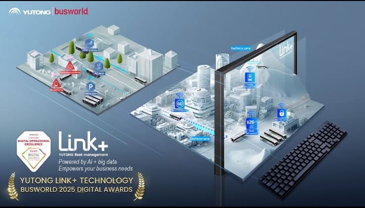 Yutong Link+ fleet management graphic with Busworld Digital Award laurel.