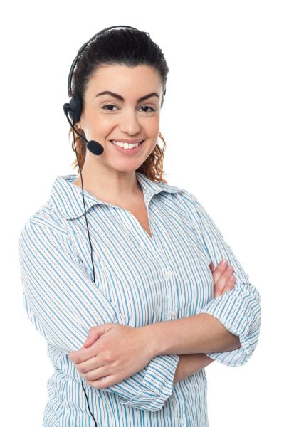 Smiling young call center woman with arms crossed