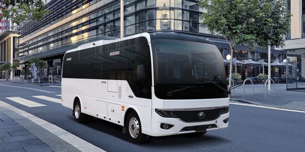 White Yutong D7 bus parked on a city street